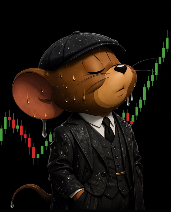 A digital illustration of a sweating cartoon mouse wearing a black flat cap and a three-piece suit, set against a black background with a red and green candlestick stock chart.