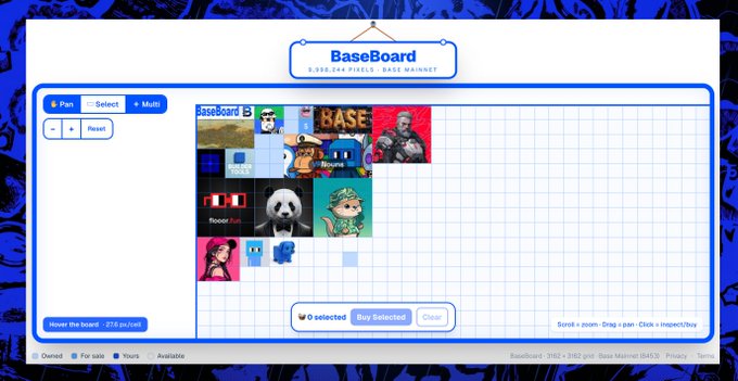 A screenshot of the BaseBoard interface—a 10,000,000-pixel canvas from Base Mainnet built by @omiaydin—showing various user-claimed tiles including images of a panda, a soccer player, a character illustration, and other artwork arranged on the grid, with "BaseBoard B" labeled and 0 selected out of 216 pieces shown for the board. The interface demonstrates the onchain canvas platform where users claim digital space on Base.