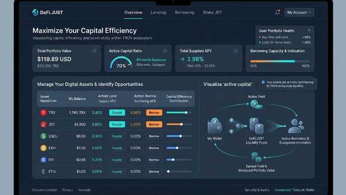 DeFiJUST DeFi dashboard showing portfolio value $119.89 USD, 70% active capital ratio, and lending/borrowing metrics for TRX, JST, USDJ, and other TRON assets.