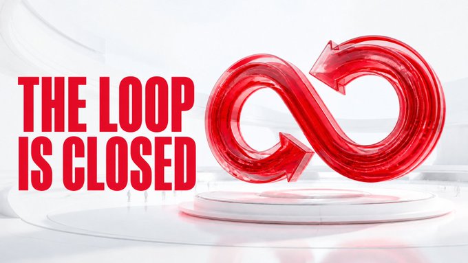 A 3D rendered graphic with red text reading "THE LOOP IS CLOSED" next to a glossy red infinity symbol on a white pedestal.