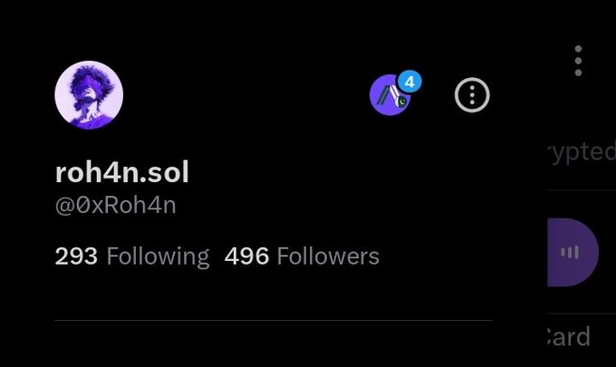 A Twitter/X profile page for "roh4n.sol" (@0xRoh4n) is shown, displaying their avatar, a notification icon with 4 alerts, and stats showing 293 Following and 496 Followers. The image directly represents the handle mentioned in the tweet "roh4n.sol that's the tweet."