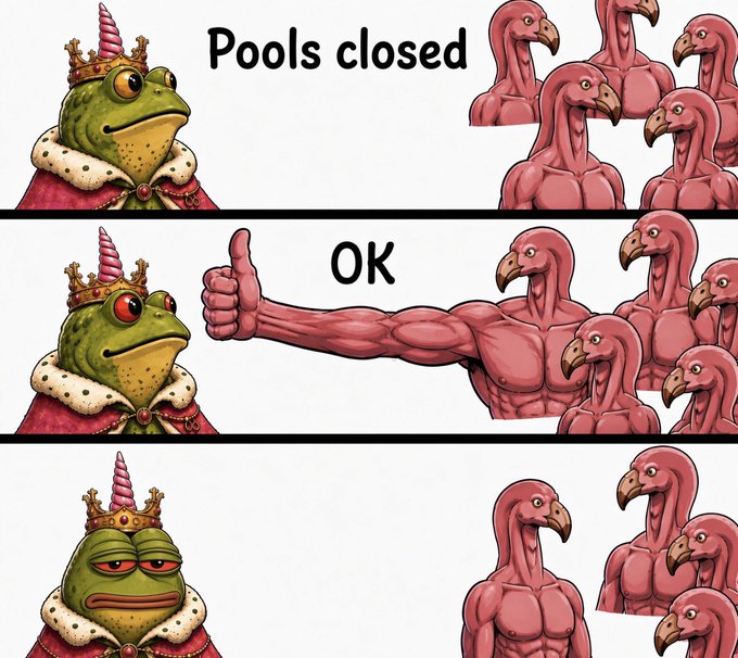 Three-panel meme featuring a crowned frog and muscular pink vultures, with text 'Pools closed', 'OK' accompanied by a thumbs up, and a final panel showing the frog looking unimpressed.