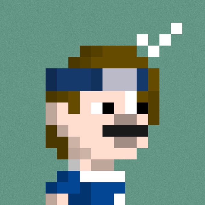 A pixel art style image shows a character with brown hair and a blue shirt with a black mustache, set against a teal background with white pixelated smoke above.