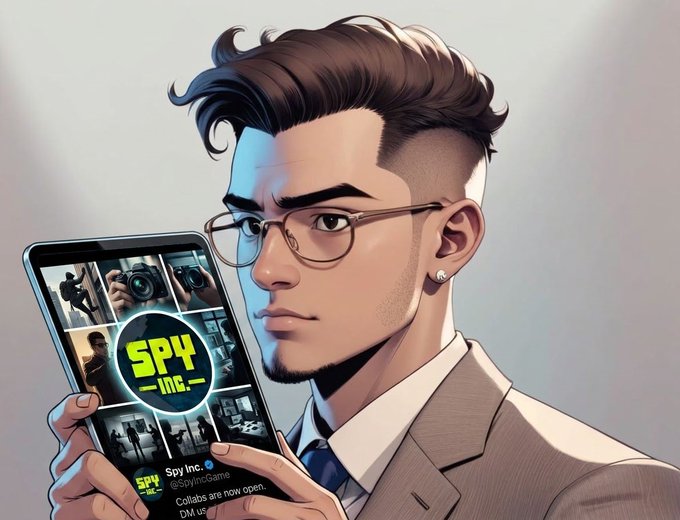 A digital illustration of a young man with undercut hair and glasses holding a smartphone displaying a 'SPY Inc.' (@SpyIncGame) social media post about collaborators being open.