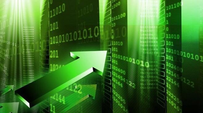 A glowing green 3D arrow points upward against a backdrop of cascading binary code and numerical figures (including 1011010, 102400, 214541122), symbolizing financial growth. The upward arrow visually reinforces the post's question about seeking the highest one-year return on 750,000 TL among gold, dollars, interest, or crypto.