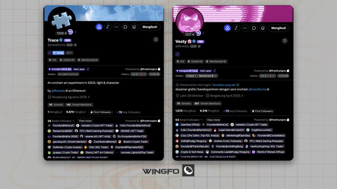 Two Wingfo app profile cards are displayed side by side, showing the Web3 projects "Trace" by @0xvesty and "Vestfy" by @0xhrumyzz, both featuring "ASDL NFT" and Ethereum networks with upcoming mint dates in October 2025. The Trace profile shows a supply of 7,777 and mentions of an "onchain art experiment," while Vestfy shows a supply of 1,679 and describes itself as a giveaway platform.