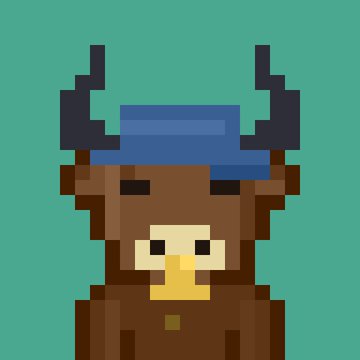 A pixel art portrait shows a brown bull character wearing a blue headband against a teal background.
