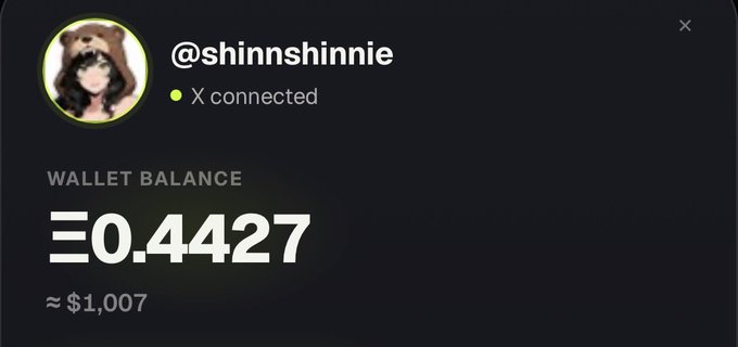 A digital wallet interface for the user @shinnshinnie showing a wallet balance of 0.4427 ETH (approximately $1,007) with X connected.