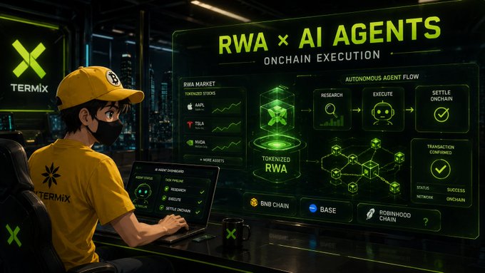 An illustrated graphic depicts a 'Termix' worker at a computer monitoring an 'RWA x AI AGENTS ONCHAIN EXECUTION' dashboard showing tokenized stocks like AAPL, TSLA, and NVDA flowing through autonomous agent processes.