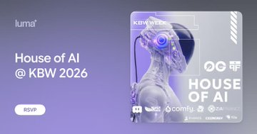 A purple promotional graphic for "luma" featuring text "House of AI @ KBW 2026" and an image of a humanoid robot, with "comnig AI" visible.