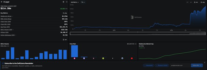 DeFiLlama dashboard showing X Layer (OKX) with a TVL of $116.38M, displaying metrics like Stablecoins Market Cap of $3,347,185,169 and a note that it 'Subscribe to the DefiLlama Newsletter'.