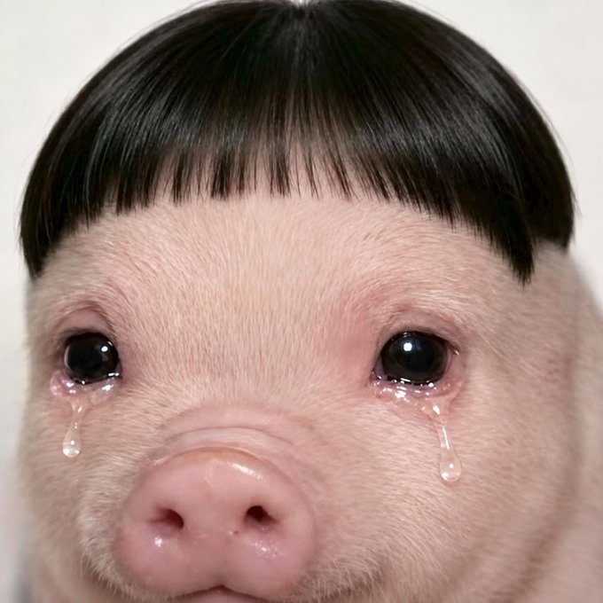 A close-up image of a pig with straight black bangs, with animated tear drops drawn below its eyes.