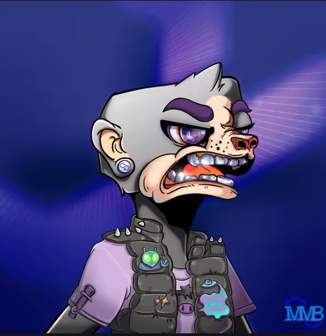 A digital cartoon illustration of a gray anthropomorphic dog/bear character with an angry expression, wearing a spiked vest with patches (including a green alien badge and a star), set against a purple background, with "MMB" watermark in the corner.