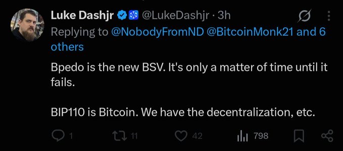 A screenshot of a tweet from Luke Dashjr (@LukeDashjr) replying to @NobodyFromND, @BitcoinMonk21, and others, reading: "Bpedo is the new BSV. It's only a matter of time until it fails. BIP110 is Bitcoin. We have the decentralization, etc." The post has 1 reply, 11 retweets, 42 likes, and 798 views, with Luke Dashjr highlighting BIP110 as the true decentralized Bitcoin while dismissing "Bpedo" as a doomed fork.