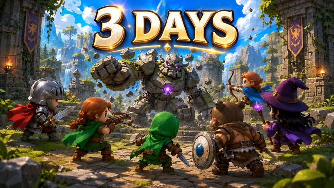 A fantasy video game promotional image with the text '3 DAYS' at the top, depicting chibi-style characters in various outfits facing off against a large stone golem.