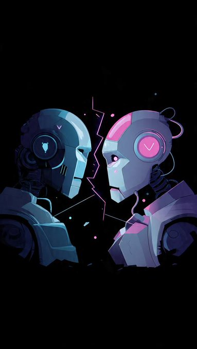 Two cyborg/android faces facing each other in profile against a black background, with blue and pink neon lighting accents between them.