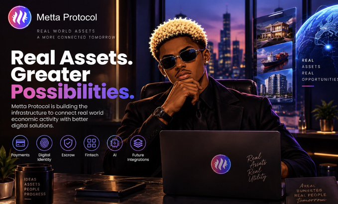 An advertisement for 'Metta Protocol' featuring a man with blonde curly hair and sunglasses using a laptop, with the tagline 'Real Assets. Greater Possibilities.' and icons for Payments, Digital Identity, Escrow, Fintech, AI, and Future Integrations.
