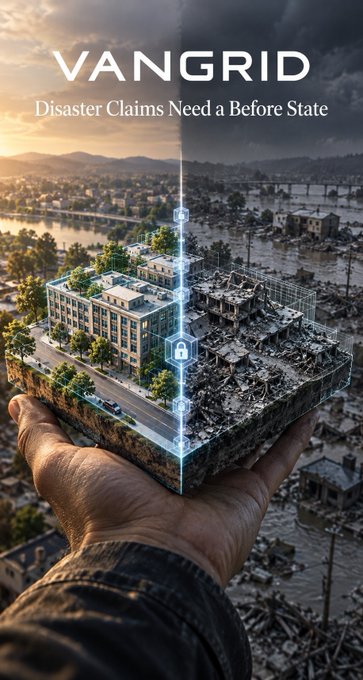 A split-image advertisement for 'VANGRID' shows a city block in two states on a hand-held 3D cube, with the tagline 'Disaster Claims Need a Before State'.