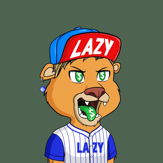 A cartoon lion character wearing a red and blue 'LAZY' cap and a baseball jersey, with green dollar signs in its eyes and on a candy in its open mouth.