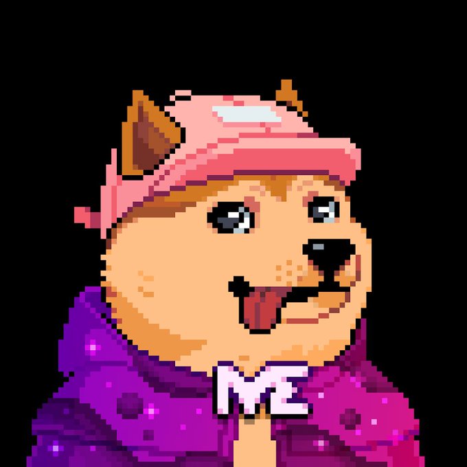 A pixel art illustration of an orange dog (resembling Doge) wearing a pink cap and a purple hoodie with "ME" printed on it, smiling with its tongue out against a black background.
