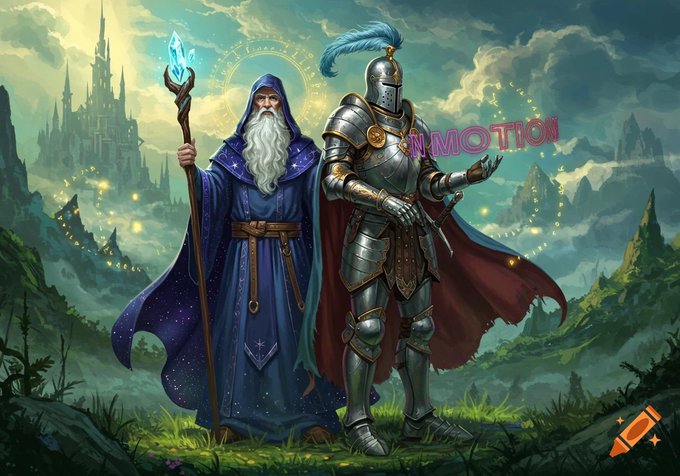 A fantasy digital illustration of an elderly wizard in a blue robe holding a crystal staff standing next to an armored knight with a plumed helmet, with the text 'MOTION' overlaid and a crayon icon in the corner.