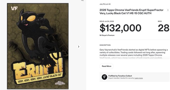A Goldin auction page showing a '2026 Topps Chrome VeeFriends Erupt! SuperFractor Very, Lucky Black Cat 1/1' card featuring a black cat, currently at $132,000 with 28 bids, ending July 24, 2026.