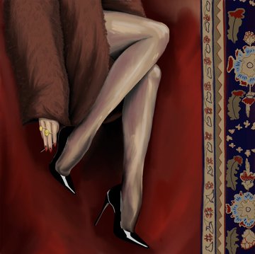 A digital illustration depicts the crossed legs of a woman in sheer black stockings and pointed black heels, with red-painted nails and a gold ring visible against a rich red backdrop bordered by an ornate patterned rug. The glamorous, sensuous artwork complements the post's "#TEZOSTUESDAY" promotion of the piece, likely "Queen of myself life," being sold as a 1/1 NFT for 82 tezos.