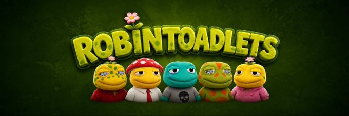 Logo art for 'ROBINTOADLETS' featuring five colorful, stylized toad characters lined up against a dark green background.