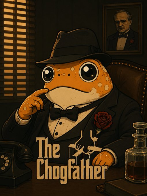 The image features a cartoon frog wearing a top hat, sitting at a desk surrounded by various objects such as books and a bottle of alcohol. The caption for the image reads "Hello everyone, I am the cto lead of a great monad meme. $RAYJ @RayJ_cto This meme is the creator of #chog on @monad #crypto #monad #thechofather Check out:".