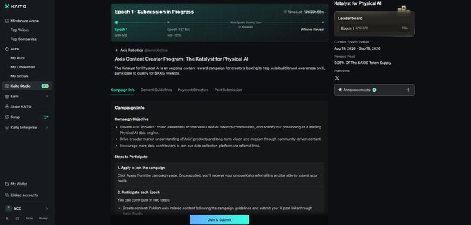 A screenshot of the Kaito platform showing the 'Axis Robotics' content creator program for Katalyst for Physical AI, with an 'Epoch 1 - Submission in Progress' banner and a 'Join & Submit' button.