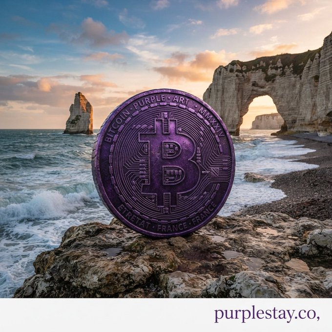 A large purple Bitcoin souvenir coin labeled 'BITCOIN PURPLE ART MMXXIV ETRETAT FRANCE FRANC' displayed on rocks at the Étretat cliffs in France, with the watermark 'purplestay.co' in the corner.