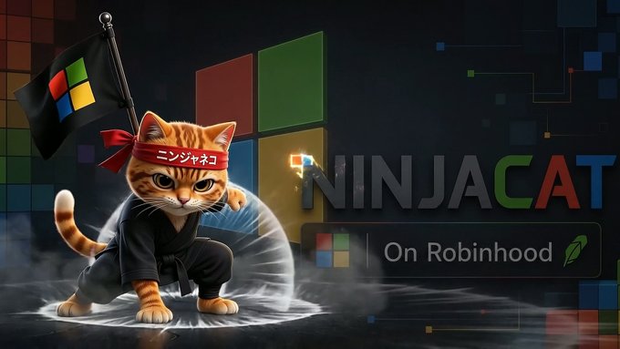 A cartoon orange tabby cat wearing a red headband and black martial arts gi poses with a Microsoft-style flag against a colorful geometric background. The text reads "NINJACAT" with "On Robinhood" displayed below alongside a green leaf icon, promoting the meme token's listing on the Robinhood blockchain as suggested by the accompanying post.