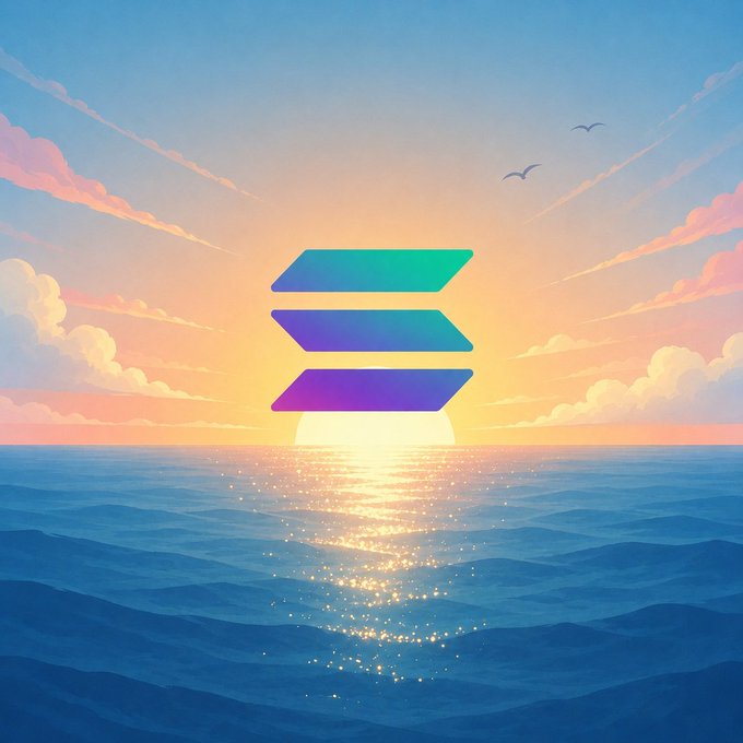 Solana logo displayed as gradient teal-purple parallelogram shapes over a serene ocean sunset illustration with birds in the sky.
