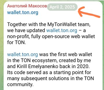 Telegram post by Анатолий Маkосов dated April 2, 2025 announcing an update to wallet.ton.org in collaboration with the MyTonWallet team, noting it as the first open-source web wallet for the TON ecosystem.