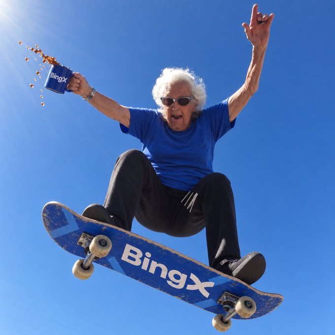 An older man with white hair and sunglasses performs a skateboarding trick mid-air on a sky-blue skateboard branded with **BingX**, while joyfully spilling a can of BingX popcorn.