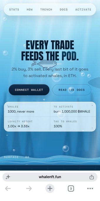 Mobile webpage screenshot for 'whalenft.fun' with tagline 'EVERY TRADE FEEDS THE POD' describing whale activation mechanics involving $WHALE tokens.