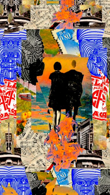 A vibrant mixed-media collage featuring the silhouettes of two figures against a sunset, surrounded by stamps, newspaper clippings, and graphic patterns including "ACCA" and "MEXICO 80".