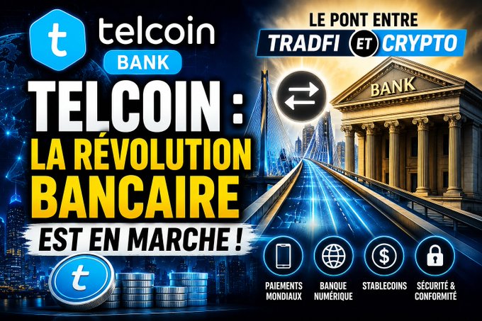 The image features a building with columns, which appears to be a bank or financial institution. There are also some coins scattered around the scene. The main focus of the image is a banner that reads "TELCOIN: La revolutionise la bancaire est en marche!". This text suggests that there might be an advertisement for Bitcoin and cryptocurrency services related to banking, possibly promoting the idea of using digital currency in traditional financial systems.