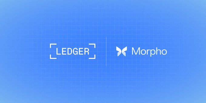 The image displays the Ledger logo alongside the Morpho logo on a blue grid background, visually representing the partnership announced in the post—Ledger's new integration enabling stablecoin loans against wrapped BTC through Morpho's DeFi infrastructure, highlighting how a hardware wallet is now serving as a gateway to decentralized finance.