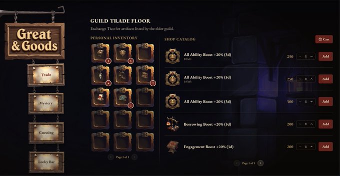 A screenshot of a 'GUILD TRADE FLOOR' shop interface titled 'Great & Goods', displaying various in-game items and stat boosts like 'All Ability Boost +20% (3d)' and 'Borrowing Boost +20% (3d)'.