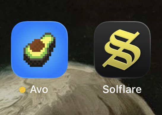 Two app icons displayed against a background: 'Avo' showing a pixelated avocado, and 'Solflare' featuring a gold dollar sign logo.