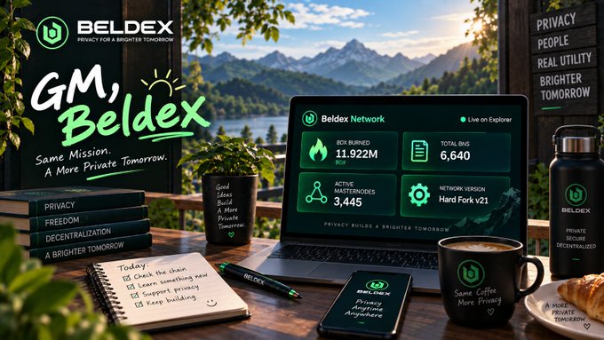 A promotional image for Beldex Network features a laptop displaying 11.922M BXK burned, 6,640 total BNS, 3,445 active masternodes on Hard Fork v21, surrounded by Beldex branded merchandise and a 'GM, Beldex' message.