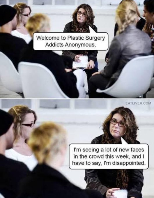 The image is a two-panel meme depicting a support group meeting, where a woman addresses attendees saying "Welcome to Plastic Surgery Addicts Anonymous," followed by "I'm seeing a lot of new faces in the crowd this week, and I have to say, I'm disappointed," humorously implying everyone has had cosmetic work done. The joke cleverly plays on the recognition of new "faces" in a literal sense, poking fun at plastic surgery culture, though it has no direct connection to the accompanying $MfT cryptocurrency post.