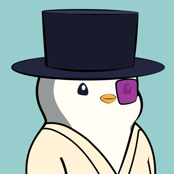A cartoon illustration of a round white bird character wearing a black top hat, a cream-colored coat, and a purple eyepatch over one eye, set against a light teal background.