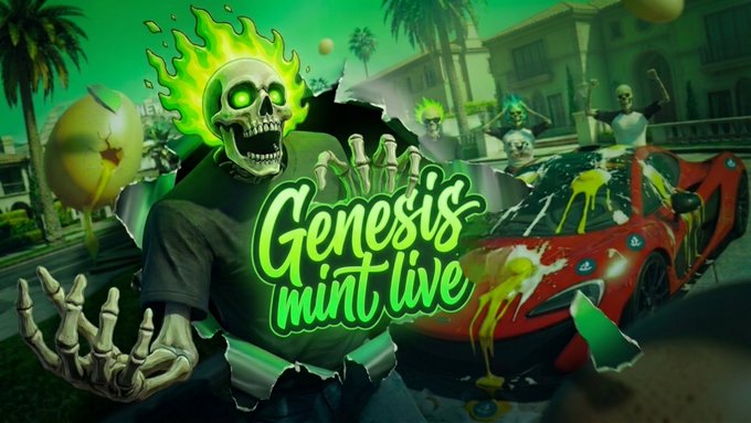 A promotional graphic for 'Genesis mint live' featuring a green flaming skull character, zombie-like figures, and a red sports car on a stylized street with palm trees and buildings.