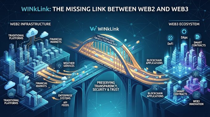 A digital marketing graphic for 'WinkLink: The Missing Link Between Web2 and Web3', showing a bridge connecting Web2 Infrastructure to the Web3 Ecosystem with various crypto-related labels.