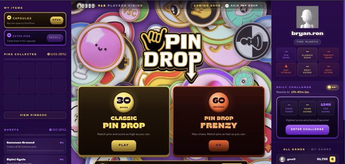 A screenshot of the 'PIN DROP' mobile game interface, showing options to 'PLAY' 'CLASSIC PIN DROP' for 30 moves or 'GO' for 'PIN DROP FRENZY' with 60 moves.