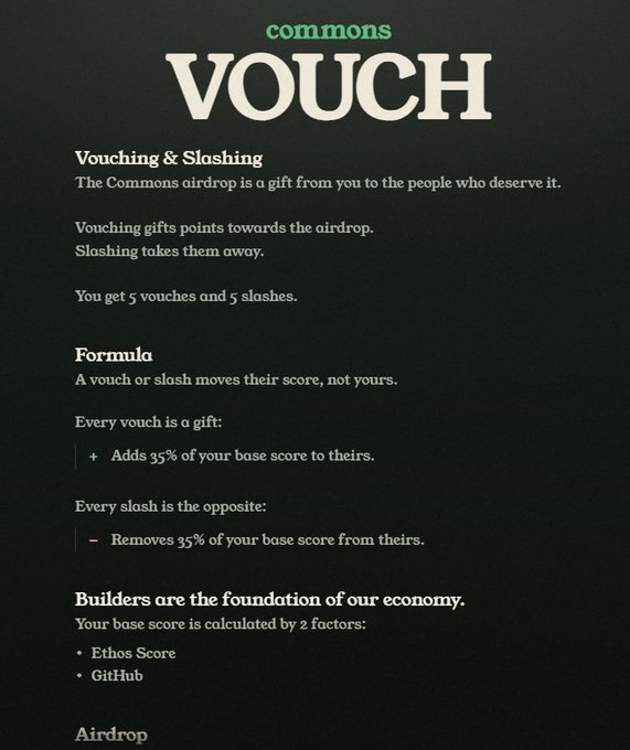 A graphic explaining 'commons VOUCH' rules for 'Vouching & Sloshing,' detailing how users get 5 vouches and 5 slashes that add or remove 35% of their base score to another person's score.