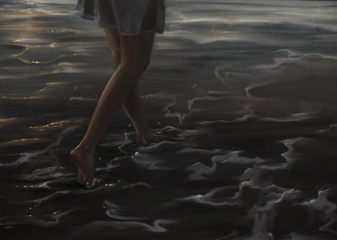 Painting of a person's bare legs and feet wading through dark, rippling water at twilight.