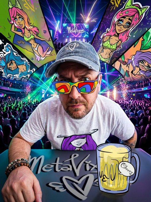 A man wearing a cap, colorful sunglasses, and a white t-shirt poses in front of a vibrant anime-style "Metalixrem" event backdrop, with a cartoon beer mug labeled "Cheers" edited into the foreground.